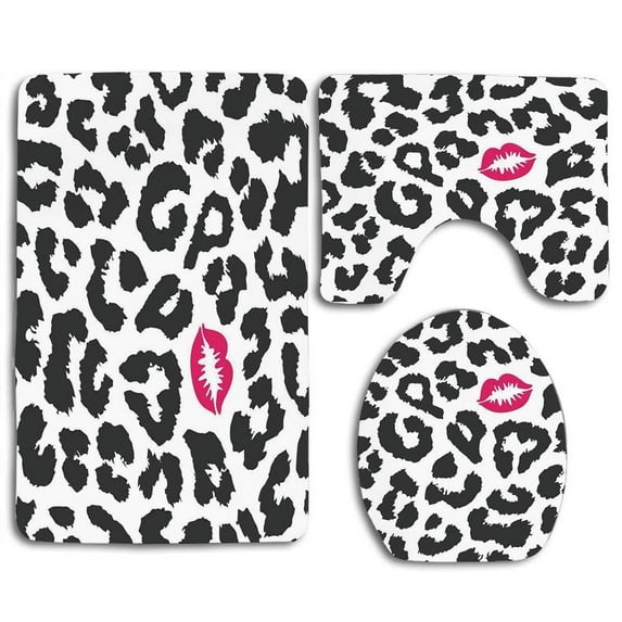 GOHAO Safari Leopard Cheetah Kiss Shape Lipstick Mark Dotted Trend 3 Piece Bathroom Rugs Set Bath Rug Contour Mat and Toilet Lid Cover