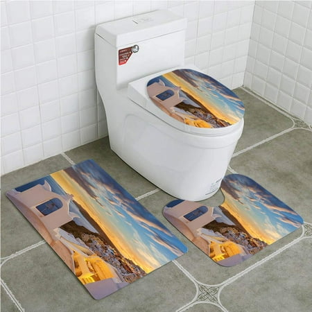 GOHAO Santorini Sunset at Dawn Village Oia Greece 3 Piece Bathroom Rugs Set Bath Rug Contour Mat and Toilet Lid Cover