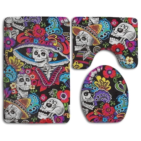GOHAO Scented Sugar Skull 3 Piece Bathroom Rugs Set Bath Rug Contour Mat and Toilet Lid Cover