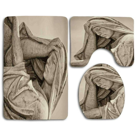 GOHAO Sculptures Old Statue a Suffering Woman a Vintage Sepia Look Sadness Themed Classic Art 3 Piece Bathroom Rugs Set Bath Rug Contour Mat and Toilet Lid Cover