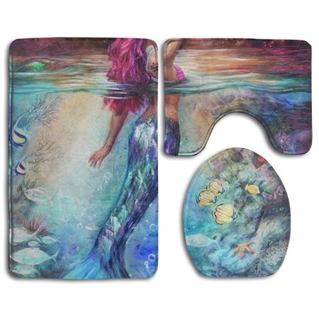 GOHAO Sea Mermaid 3 Piece Bathroom Rugs Set Bath Rug Contour Mat and Toilet Lid Cover