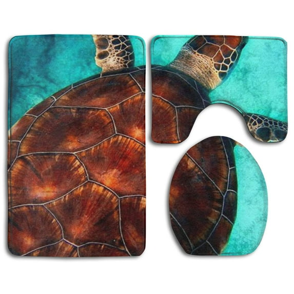 GOHAO Sea Turtle 3 Piece Bathroom Rugs Set Bath Rug Contour Mat and Toilet Lid Cover