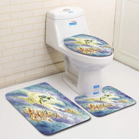GOHAO Sea Turtle 3 Piece Bathroom Rugs Set Bath Rug Contour Mat and Toilet Lid Cover