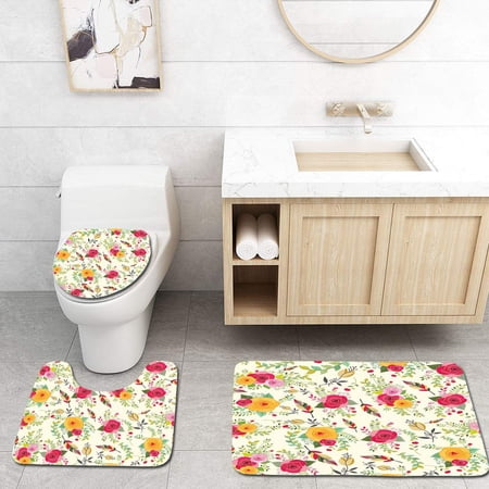 GOHAO Seamless Floral Texture 3 Piece Bathroom Rugs Set Bath Rug Contour Mat and Toilet Lid Cover