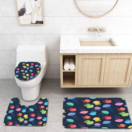 GOHAO Seamless Jellyfish 3 Piece Bathroom Rugs Set Bath Rug Contour Mat and Toilet Lid Cover