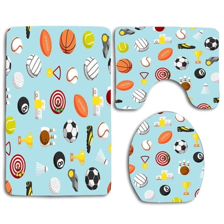 GOHAO Seamless Sports Soccer Basketball 3 Piece Bathroom Rugs Set Bath Rug Contour Mat and Toilet Lid Cover