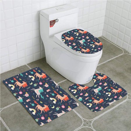 GOHAO Seamless Unicorns 3 Piece Bathroom Rugs Set Bath Rug Contour Mat and Toilet Lid Cover