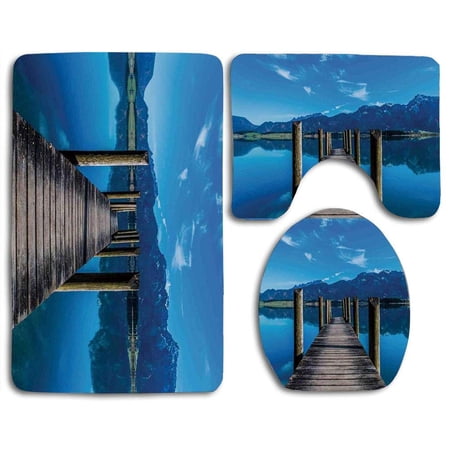 GOHAO Seascape Wooden Pier Jetty on Lake Serene Mountain and Clear Sky Reflection 3 Piece Bathroom Rugs Set Bath Rug Contour Mat and Toilet Lid Cover