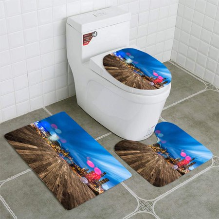 GOHAO Seattle Commute Seattle Washington Skyline at Night 3 Piece Bathroom Rugs Set Bath Rug Contour Mat and Toilet Lid Cover