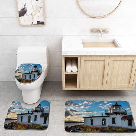 GOHAO Seattle Lighthouse at Sunset 3 Piece Bathroom Rugs Set Bath Rug Contour Mat and Toilet Lid Cover