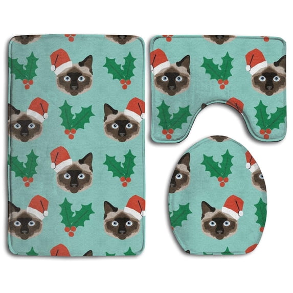 GOHAO Siamese Christmas Cat 3 Piece Bathroom Rugs Set Bath Rug Contour Mat and Toilet Lid Cover