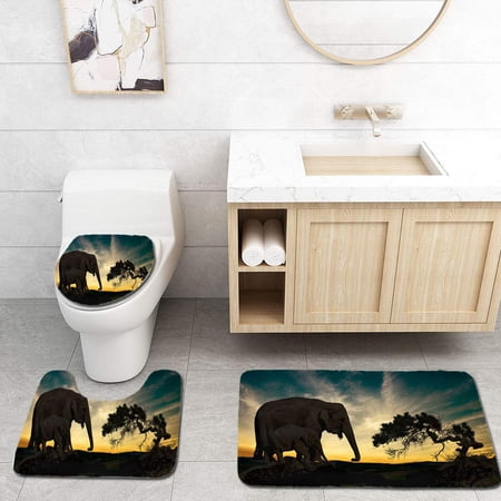 GOHAO Silhouette Elephant and Tree in Sunset 3 Piece Bathroom Rugs Set Bath Rug Contour Mat and Toilet Lid Cover