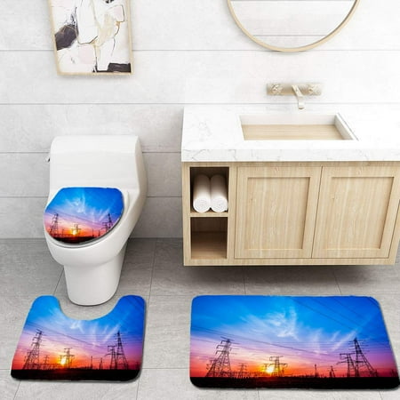 GOHAO Silhouette Evening Electricity Transmission Pylon 3 Piece Bathroom Rugs Set Bath Rug Contour Mat and Toilet Lid Cover