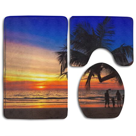 GOHAO Silhouette Family Baby Enjoying Tropical Sunset Watching Sun Setting Over Sea 3 Piece Bathroom Rugs Set Bath Rug Contour Mat and Toilet Lid Cover