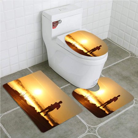 GOHAO Silhouette a Man Running at Sunrise 3 Piece Bathroom Rugs Set Bath Rug Contour Mat and Toilet Lid Cover