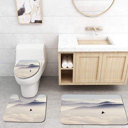 GOHAO Silhouettes Mountains in Mist and Bird Flying 3 Piece Bathroom Rugs Set Bath Rug Contour Mat and Toilet Lid Cover
