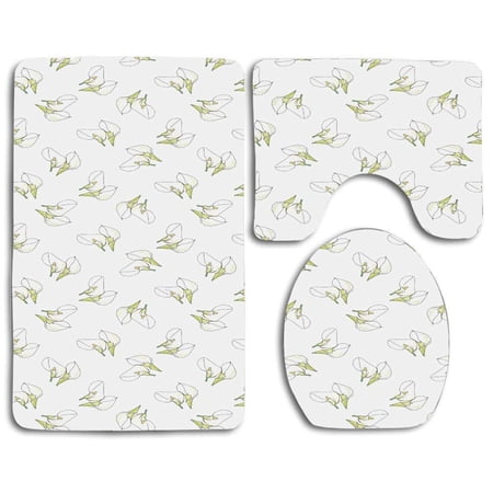 GOHAO Simple HandDrawn Motifs Hawaiian Tropical Flowers Spring 3 Piece Bathroom Rugs Set Bath Rug Contour Mat and Toilet Lid Cover