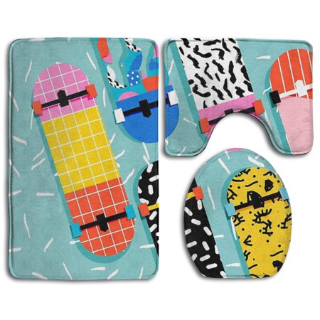 GOHAO Skateboard 3 Piece Bathroom Rugs Set Bath Rug Contour Mat and Toilet Lid Cover