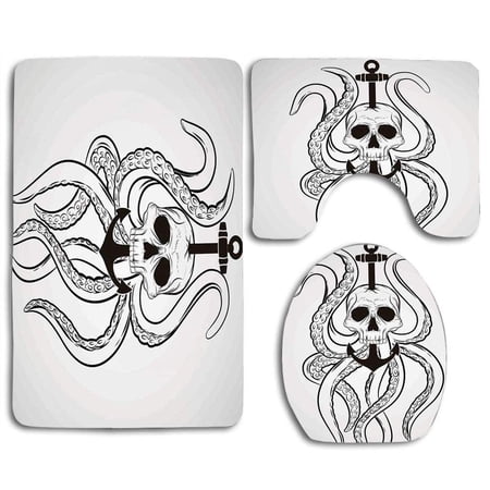 GOHAO Skull Octopus and Anchor Pirate Ocean Classic Tattoo Style 3 Piece Bathroom Rugs Set Bath Rug Contour Mat and Toilet Lid Cover
