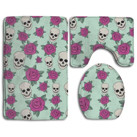 GOHAO Skull Red Rose 3 Piece Bathroom Rugs Set Bath Rug Contour Mat and Toilet Lid Cover