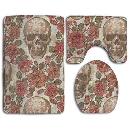 GOHAO Skull and Roses 3 Piece Bathroom Rugs Set Bath Rug Contour Mat and Toilet Lid Cover