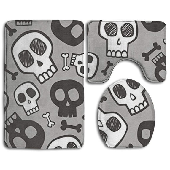 GOHAO Skulls and Bones Halloween 3 Piece Bathroom Rugs Set Bath Rug Contour Mat and Toilet Lid Cover
