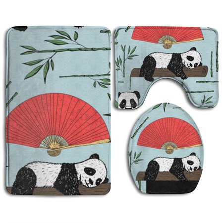 GOHAO Sleeping Panda 3 Piece Bathroom Rugs Set Bath Rug Contour Mat and Toilet Lid Cover