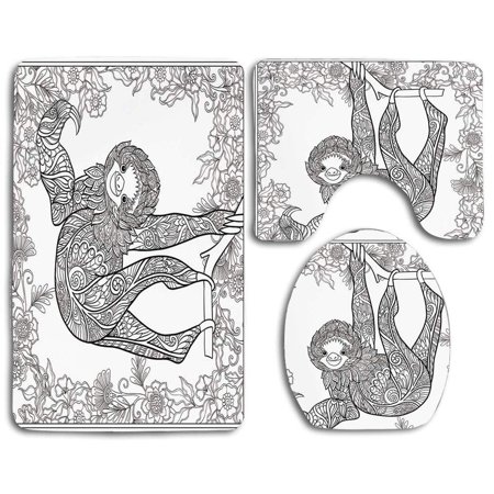GOHAO Sloth Outline Drawing Sloth in Jungle Zoo Ornamental Details and Flowers 3 Piece Bathroom Rugs Set Bath Rug Contour Mat and Toilet Lid Cover