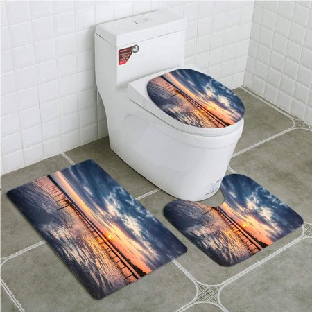 GOHAO Small Dock and Boat at lake4 3 Piece Bathroom Rugs Set Bath Rug Contour Mat and Toilet Lid Cover