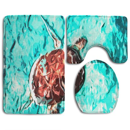 GOHAO Small Turtle 3 Piece Bathroom Rugs Set Bath Rug Contour Mat and Toilet Lid Cover