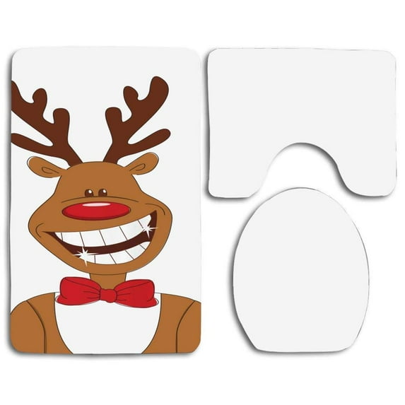 GOHAO Smiling Funny Cool Reindeer Bow Tie Doodle Grin 3 Piece Bathroom Rugs Set Bath Rug Contour Mat and Toilet Lid Cover