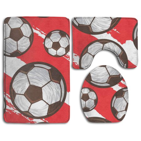 GOHAO Soccer 3 Piece Bathroom Rugs Set Bath Rug Contour Mat and Toilet Lid Cover