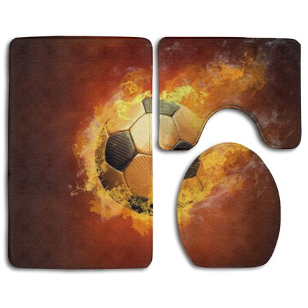 GOHAO Soccer Ball 3 Piece Bathroom Rugs Set Bath Rug Contour Mat and Toilet Lid Cover