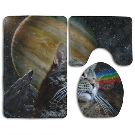 GOHAO Space Cat 3 Piece Bathroom Rugs Set Bath Rug Contour Mat and Toilet Lid Cover
