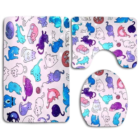GOHAO Space Cats 3 Piece Bathroom Rugs Set Bath Rug Contour Mat and Toilet Lid Cover