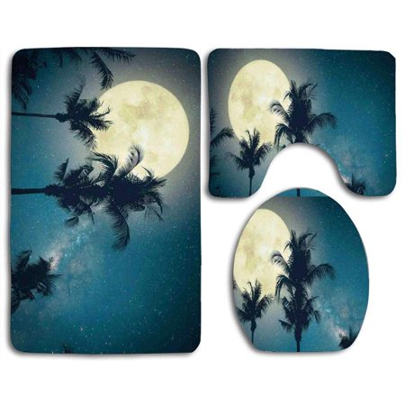 GOHAO Space Exotic Palm Tree Tops Full Moon Scenery Milk Way Dust Dreamy Art 3 Piece Bathroom Rugs Set Bath Rug Contour Mat and Toilet Lid Cover