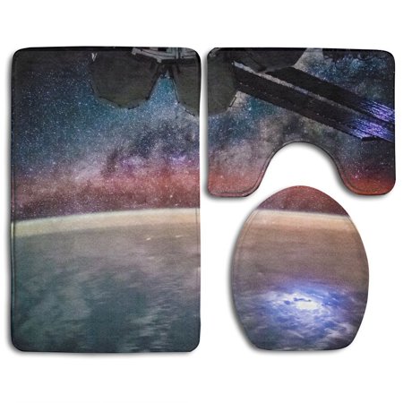 GOHAO Space Station 3 Piece Bathroom Rugs Set Bath Rug Contour Mat and Toilet Lid Cover