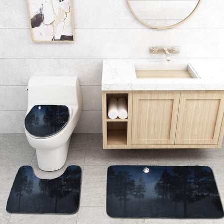 GOHAO Spooky Foggy Pine Forest in Moonlight 3 Piece Bathroom Rugs Set Bath Rug Contour Mat and Toilet Lid Cover