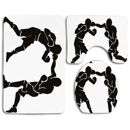 GOHAO Sports Black Silhouettes Professional Boxers Fighters Combative Exercise Punch Attack 3 Piece Bathroom Rugs Set Bath Rug Contour Mat and Toilet Lid Cover