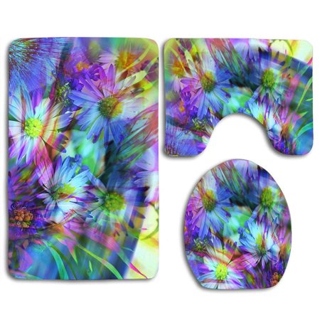 GOHAO Spring Flowers Abstract 3 Piece Bathroom Rugs Set Bath Rug Contour Mat and Toilet Lid Cover