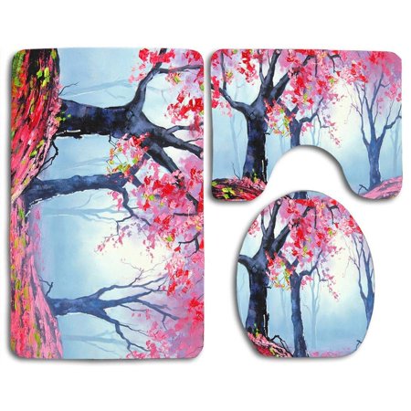GOHAO Spring Painting 3 Piece Bathroom Rugs Set Bath Rug Contour Mat and Toilet Lid Cover
