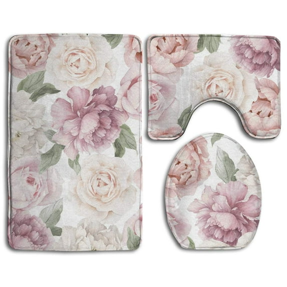 GOHAO Spring Season Pink Flowers Floral 3 Piece Bathroom Rugs Set Bath Rug Contour Mat and Toilet Lid Cover