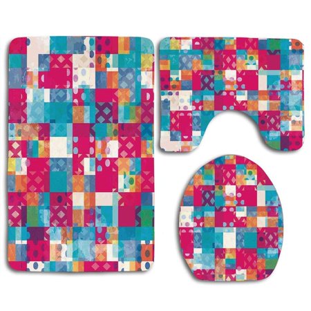 GOHAO Squares Chevron Lines Urban 3 Piece Bathroom Rugs Set Bath Rug Contour Mat and Toilet Lid Cover