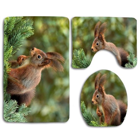 GOHAO Squirrel Attention Ears Cute 3 Piece Bathroom Rugs Set Bath Rug Contour Mat and Toilet Lid Cover