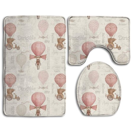 GOHAO Steampunk Aeronautical 3 Piece Bathroom Rugs Set Bath Rug Contour Mat and Toilet Lid Cover