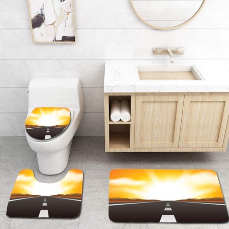 GOHAO Straight Road and Sunrise 3 Piece Bathroom Rugs Set Bath Rug Contour Mat and Toilet Lid Cover