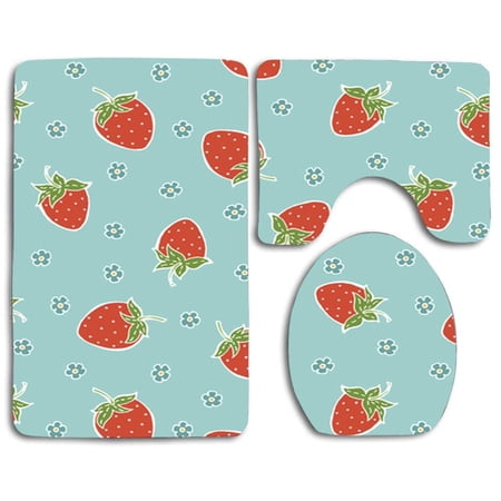 GOHAO Strawberry Blue Flowers 3 Piece Bathroom Rugs Set Bath Rug Contour Mat and Toilet Lid Cover