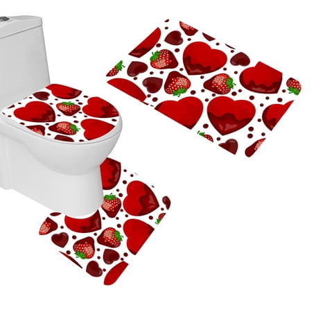 GOHAO Strawberry Heart 3 Piece Bathroom Rugs Set Bath Rug Contour Mat and Toilet Lid Cover