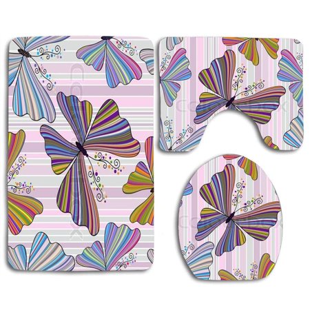 GOHAO Striped Colorful Butterflies 3 Piece Bathroom Rugs Set Bath Rug Contour Mat and Toilet Lid Cover
