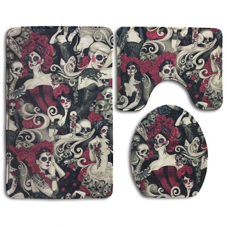GOHAO Sugar Skull Face Woman 3 Piece Bathroom Rugs Set Bath Rug Contour Mat and Toilet Lid Cover